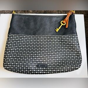 Fossil Fiona Crossbody Bag Black Leather Canvas with Fossil Key Charm